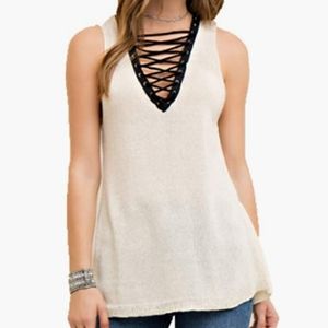 Entro Laced Up Front V-neck Tank Top Knit Blouse Cream Black